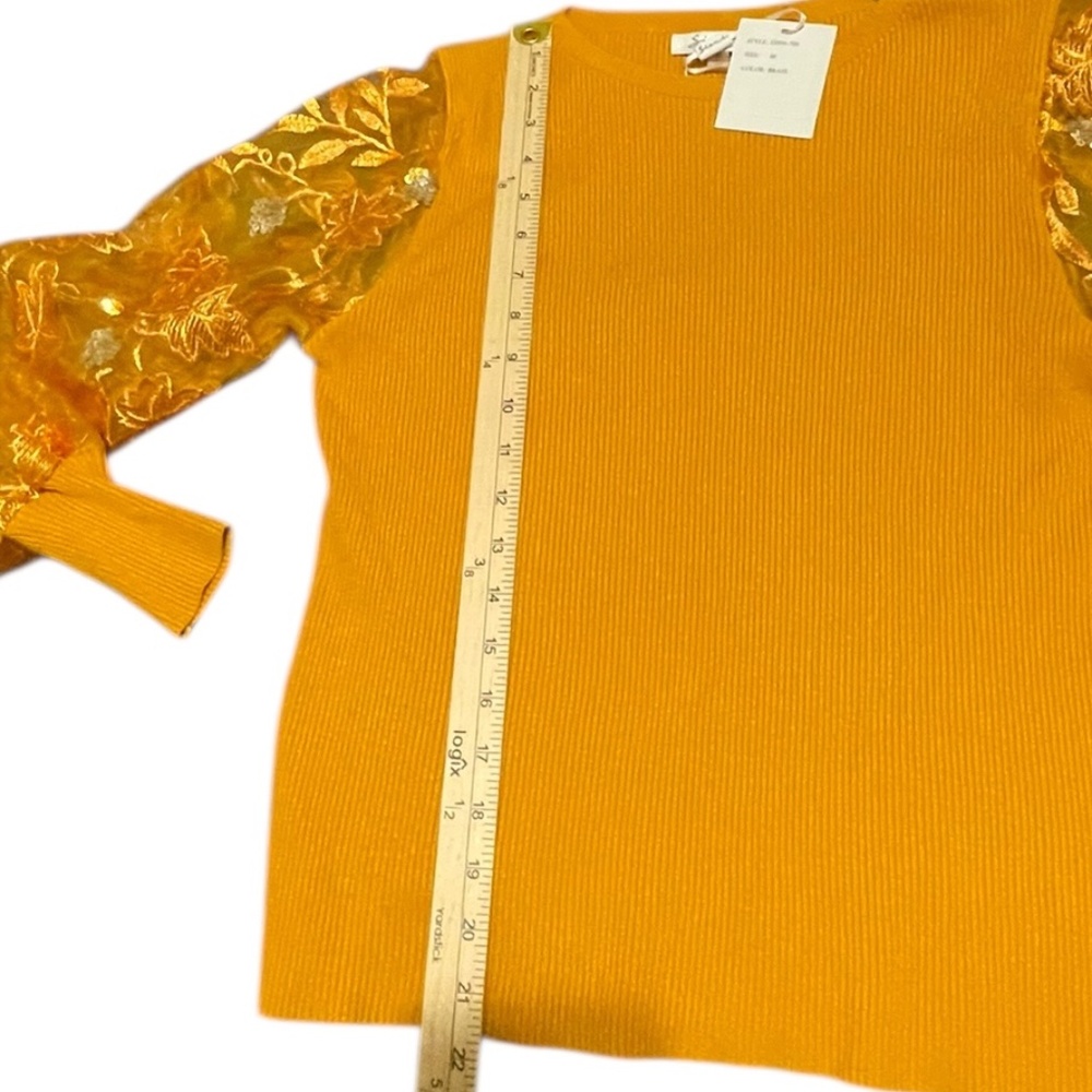 Sioni Milano Sweater Puffed Sheer Sequenced Sleeves Med Ribbed Knit Stretch NWT - Picture 6 of 13